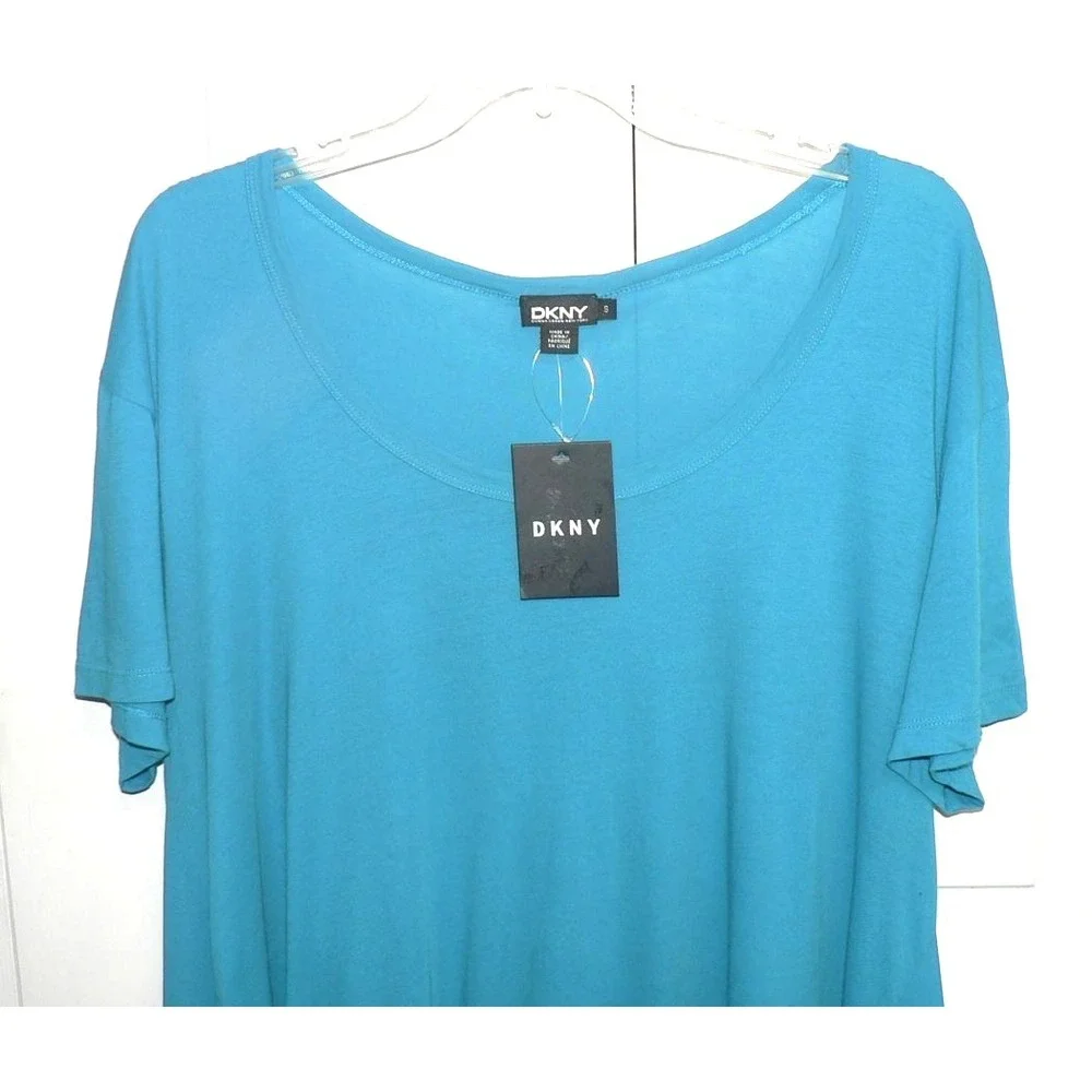 DKNY Women's Short Sleeve Inset Handkerchief Hem Oversized Tunic Turquoise Small